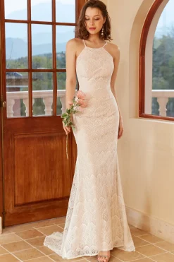 Vestido de noiva de renda branca de sereia halter branco com varrimento trem