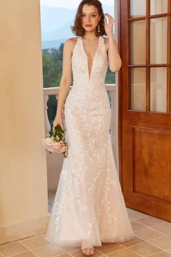 Vestido de noiva de renda branca de pescoço de sereia profunda v com apliques