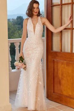 Vestido de noiva de renda branca de pescoço de sereia profunda v com apliques