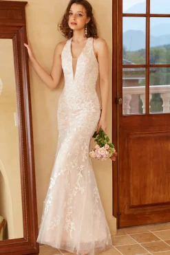 Vestido de noiva de renda branca de pescoço de sereia profunda v com apliques