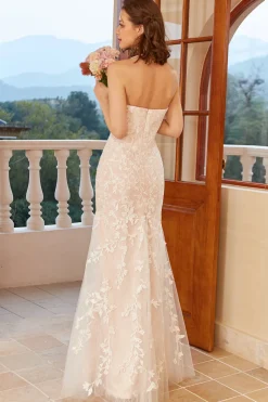 Vestido de noiva de renda branca de pescoço de sereia profunda v com apliques