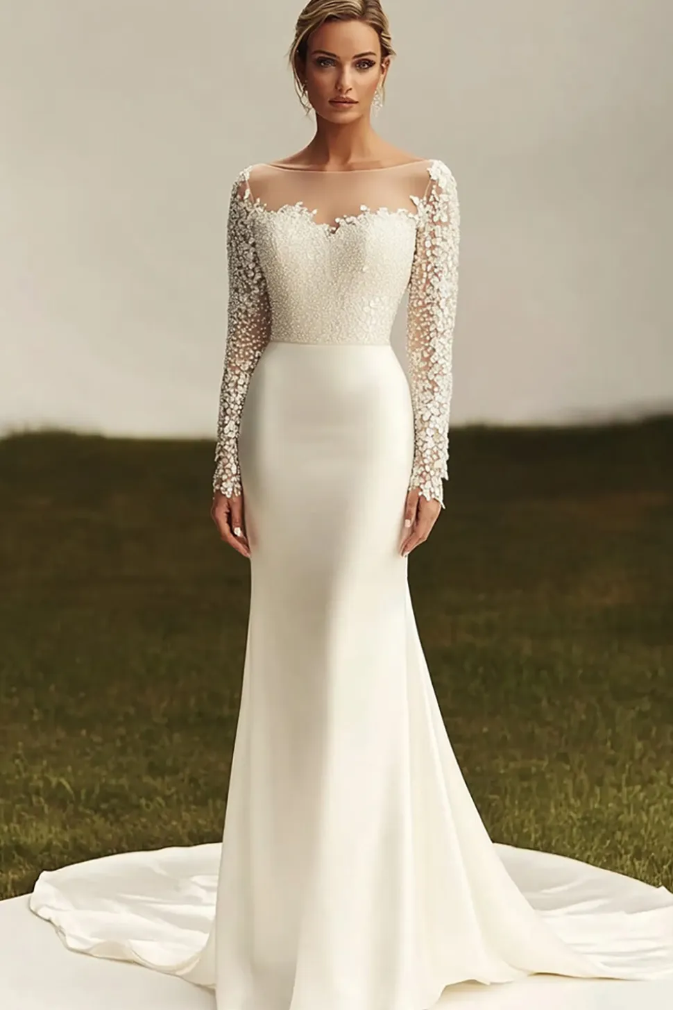 Vestido de noiva de renda de manga longa de cetim de marfim com trem