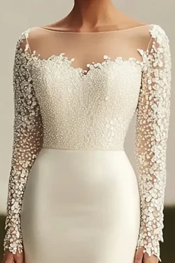 Vestido de noiva de renda de manga longa de cetim de marfim com trem