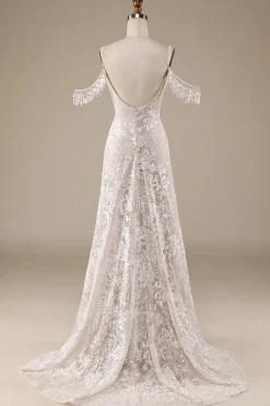 Vestido de noiva de renda de marfim com franjas