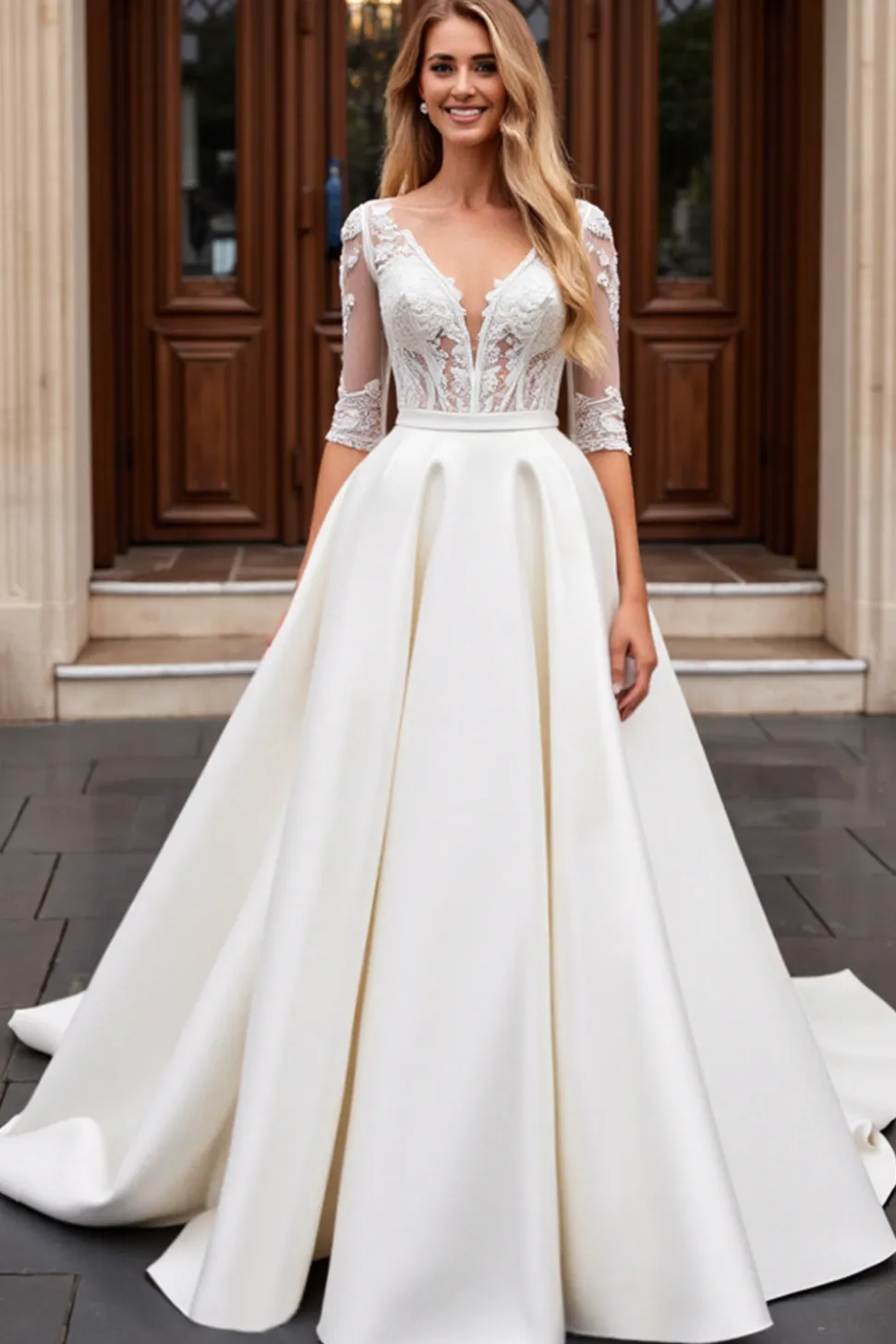 Vestido de Noiva de Renda Marfim Linha-A Decote em V Longo