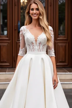 Vestido de Noiva de Renda Marfim Linha-A Decote em V Longo