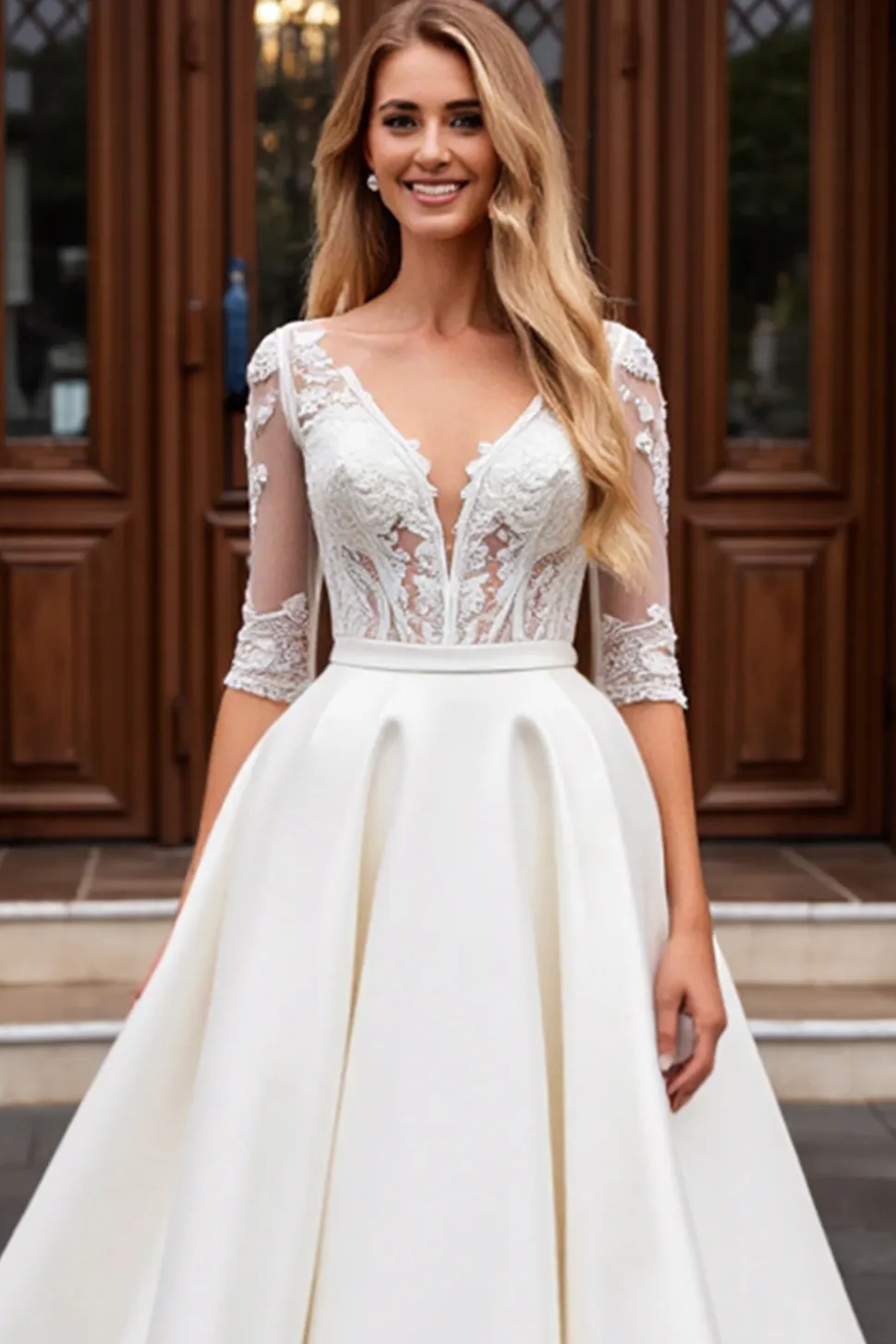 Vestido de Noiva de Renda Marfim Linha-A Decote em V Longo