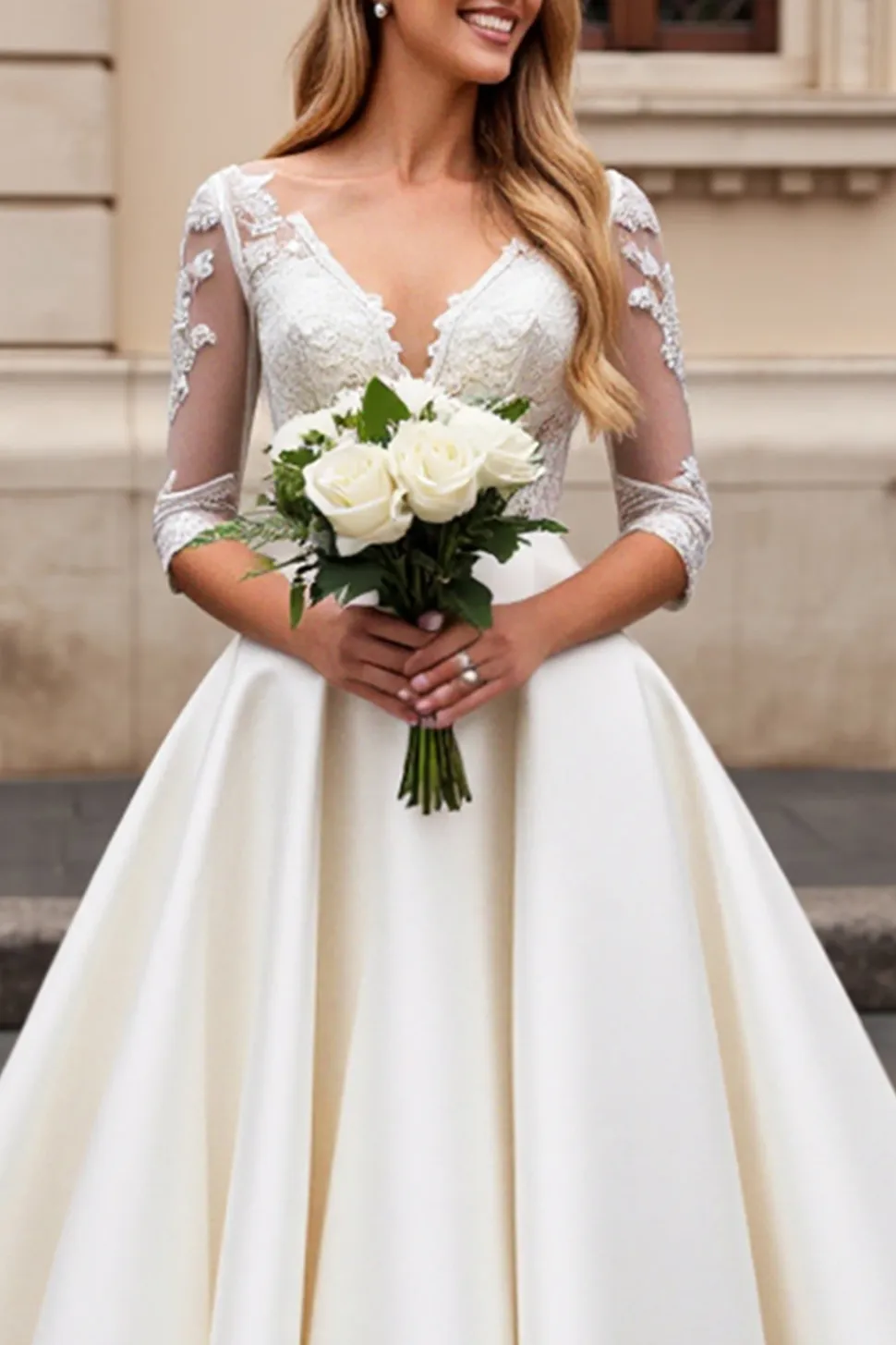 Vestido de Noiva de Renda Marfim Linha-A Decote em V Longo