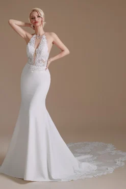 Vestido de noiva de trem de varrimento de sereia branca halter sem costas com renda