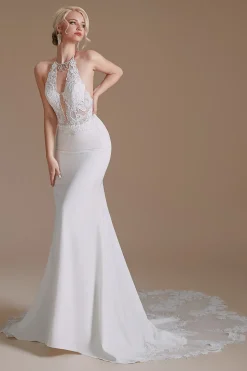 Vestido de noiva de trem de varrimento de sereia branca halter sem costas com renda