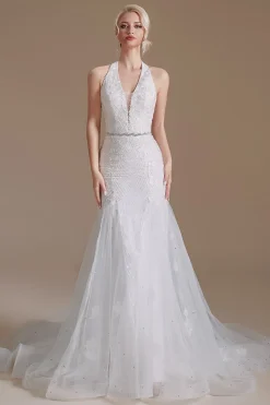 Vestido de noiva de trem de varrimento de sereia branca com renda