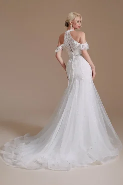 Vestido de noiva de trem de varrimento de sereia branca com renda