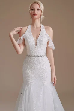 Vestido de noiva de trem de varrimento de sereia branca com renda