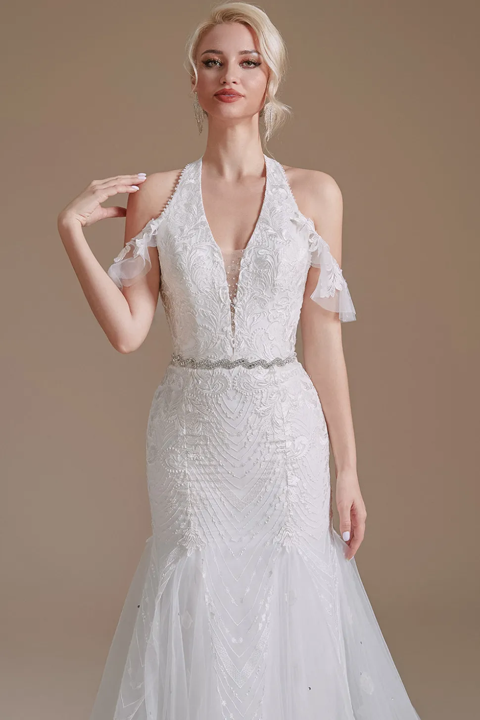 Vestido de noiva de trem de varrimento de sereia branca com renda