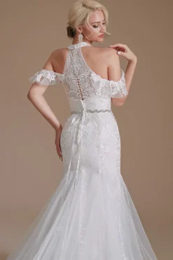 Vestido de noiva de trem de varrimento de sereia branca com renda
