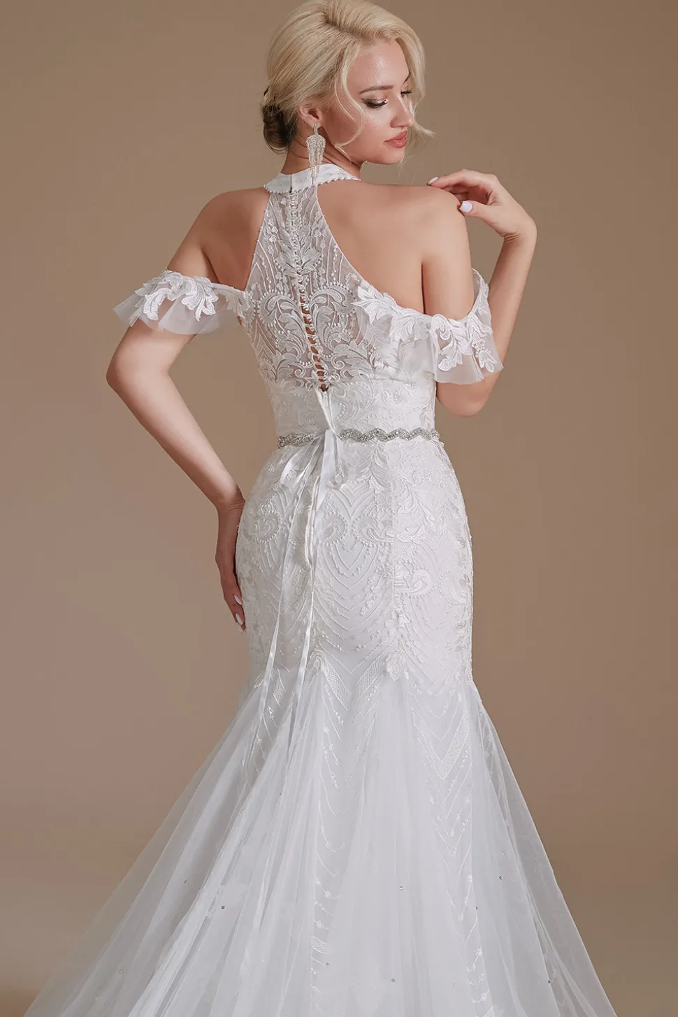 Vestido de noiva de trem de varrimento de sereia branca com renda