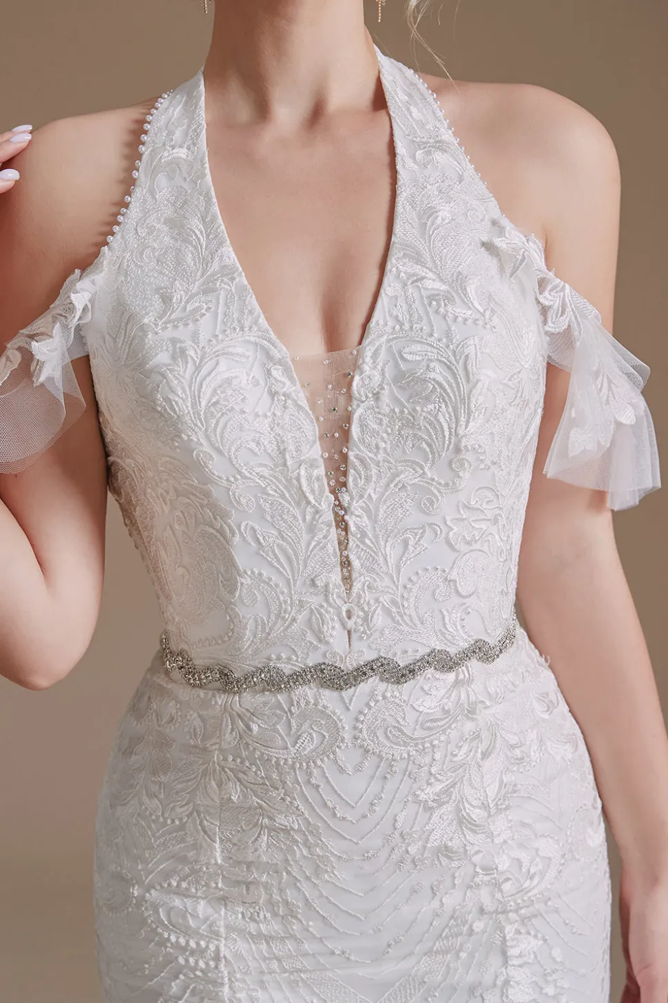 Vestido de noiva de trem de varrimento de sereia branca com renda