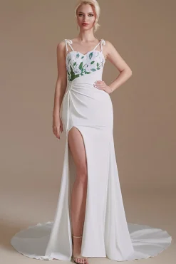 Vestido de noiva de trem de varrimento sem costas da sereia branca com apliques