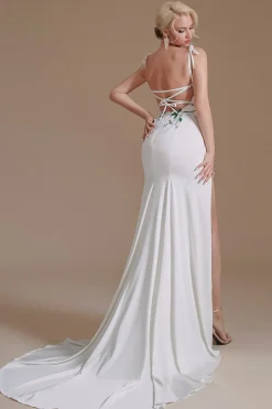 Vestido de noiva de trem de varrimento sem costas da sereia branca com apliques