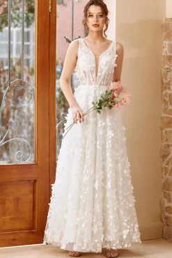 Vestido de noiva de tule de tule de apliques brancos