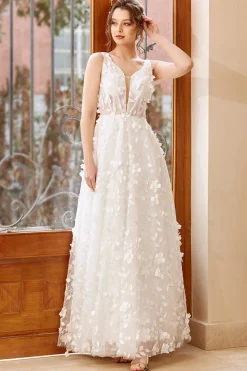 Vestido de noiva de tule de tule de apliques brancos