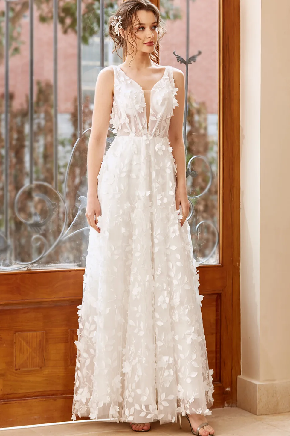 Vestido de noiva de tule de tule de apliques brancos