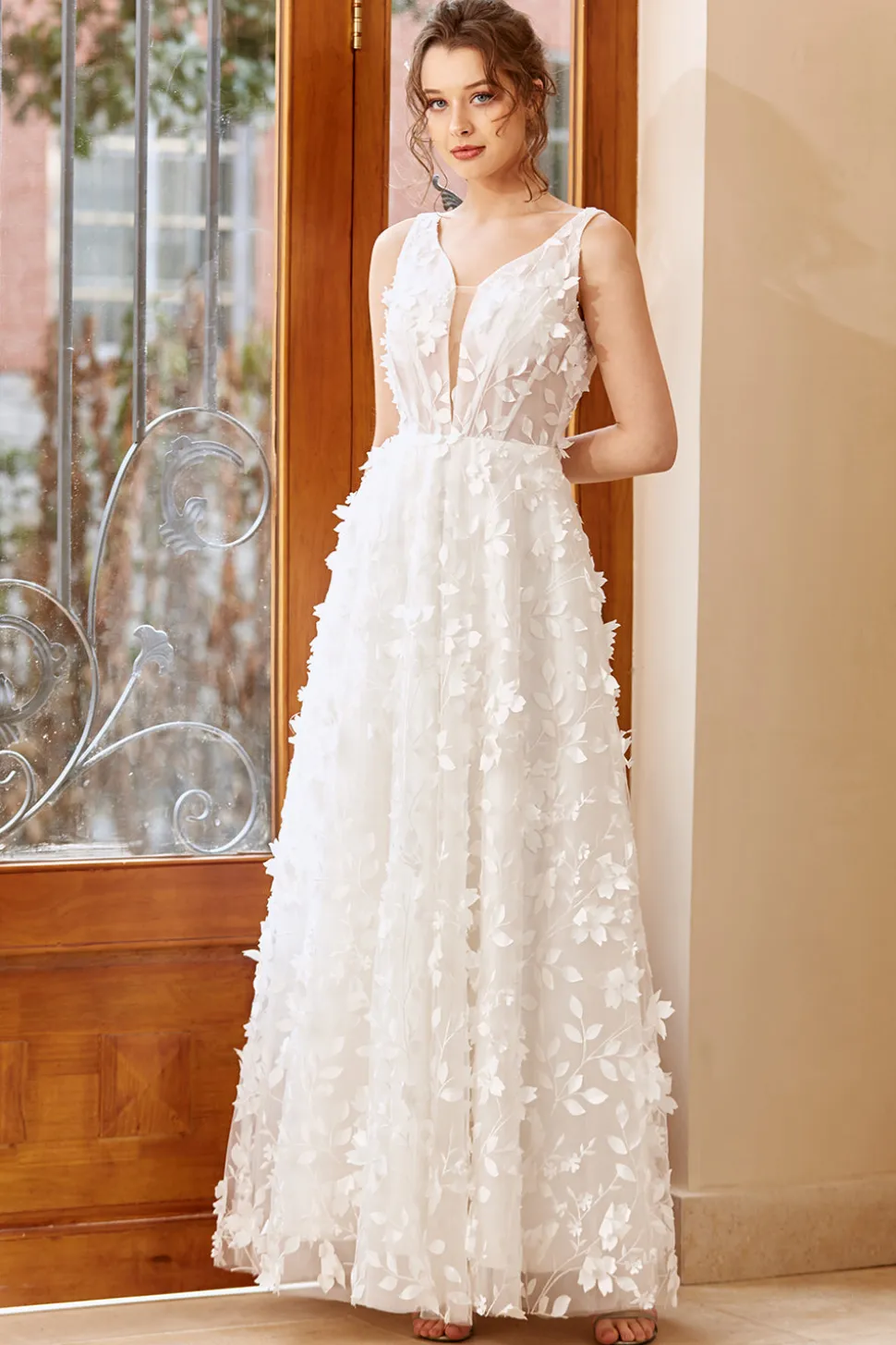 Vestido de noiva de tule de tule de apliques brancos