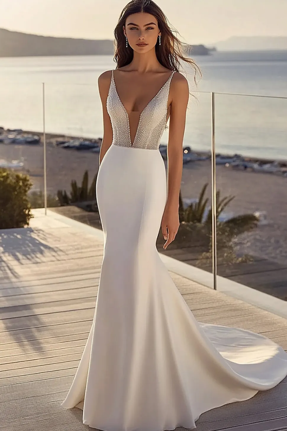 Vestido de Noiva Decote em V Sereia Marfim Lantejoulas Longo Brilhante