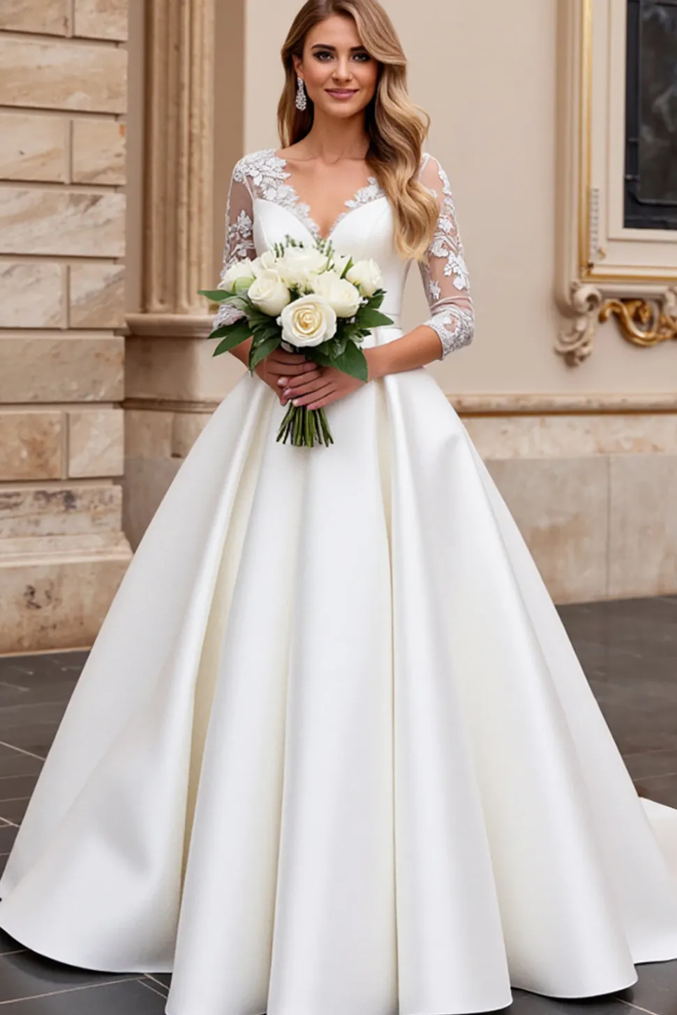 Vestido de Noiva Decote em V Longo Linha-A Marfim Renda