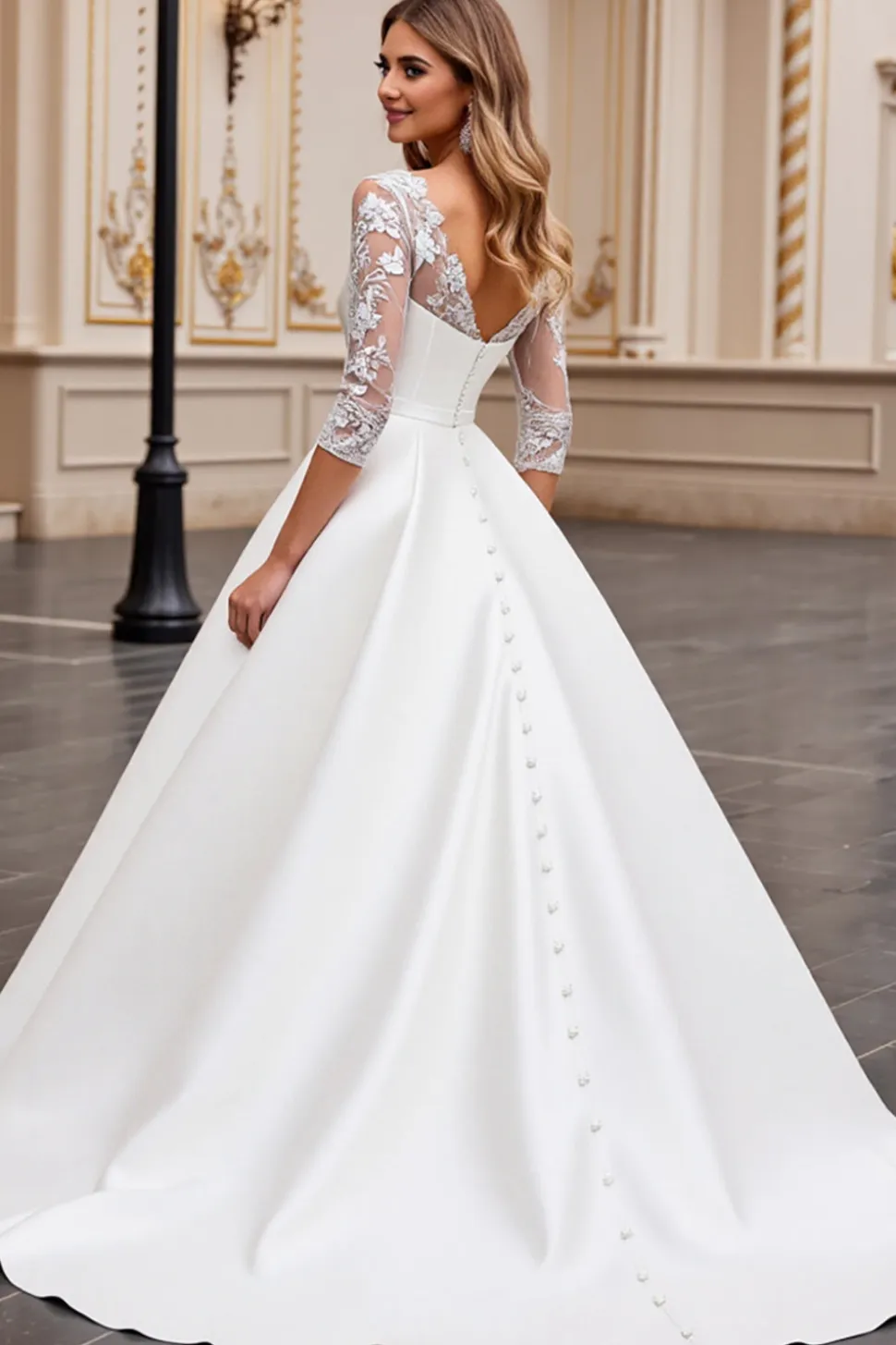 Vestido de Noiva Decote em V Longo Linha-A Marfim Renda