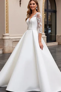 Vestido de Noiva Decote em V Longo Linha-A Marfim Renda