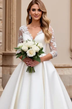 Vestido de Noiva Decote em V Longo Linha-A Marfim Renda