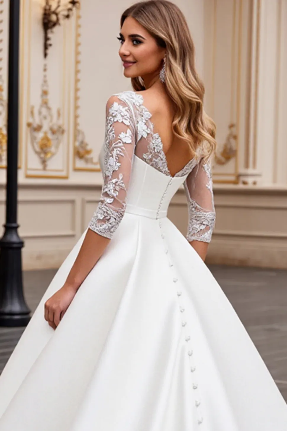 Vestido de Noiva Decote em V Longo Linha-A Marfim Renda