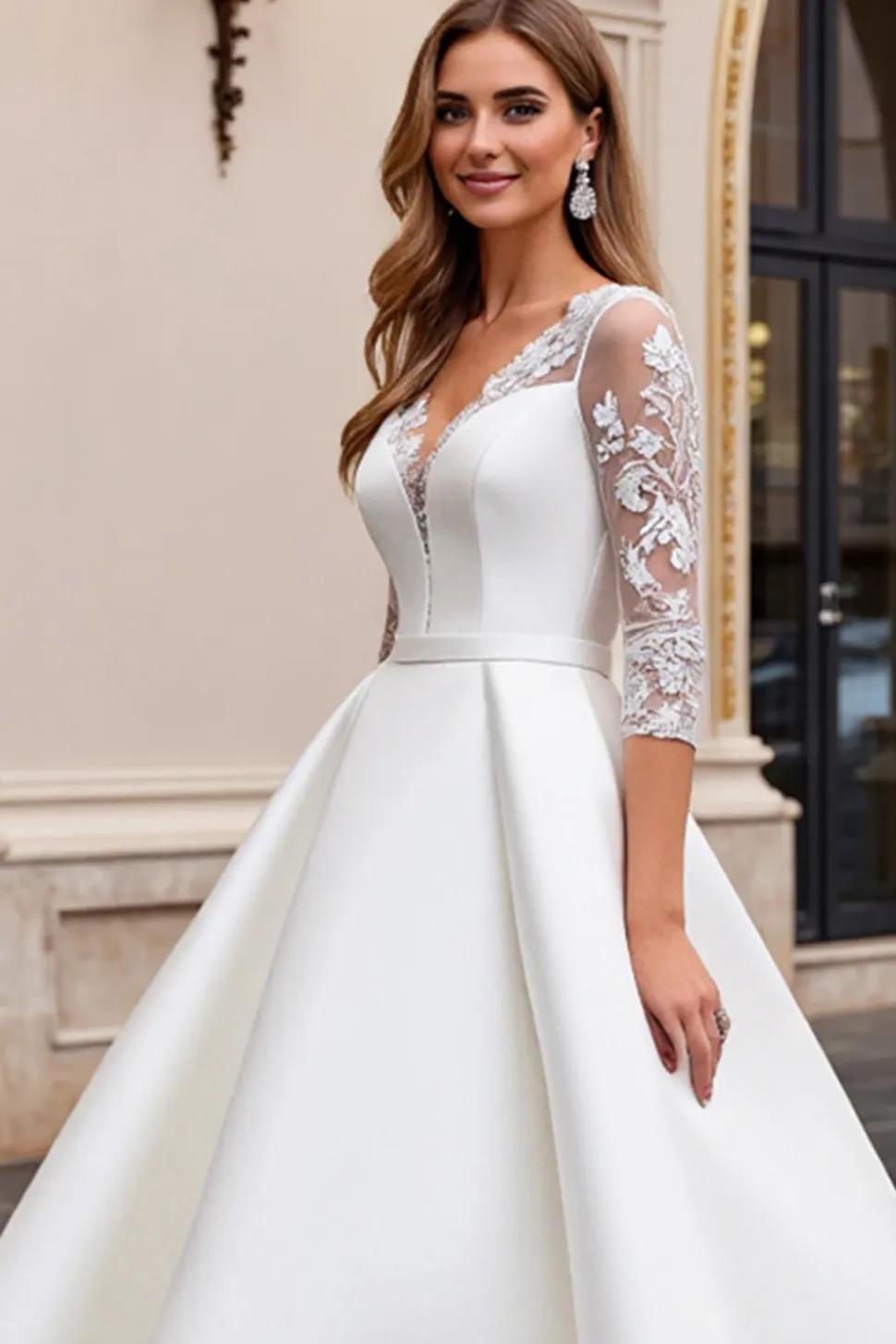 Vestido de Noiva Decote em V Longo Linha-A Marfim Renda