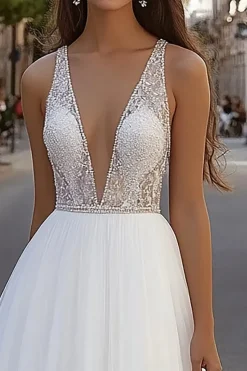 Vestido de Noiva Decote em V Renda Tule Marfim Longo Linha-A