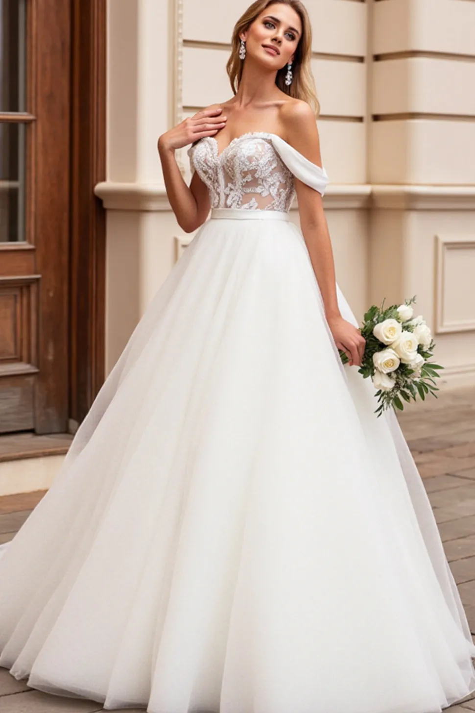 Vestido de Noiva Linha-A Longo Tule Fora do Ombro Renda Apliques Marfim
