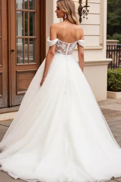 Vestido de Noiva Linha-A Longo Tule Fora do Ombro Renda Apliques Marfim