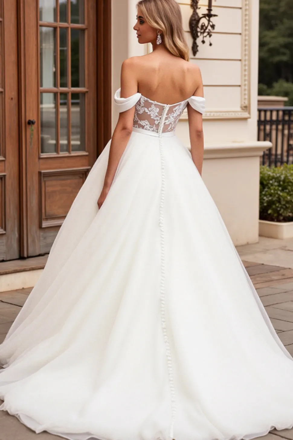 Vestido de Noiva Linha-A Longo Tule Fora do Ombro Renda Apliques Marfim