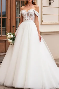 Vestido de Noiva Linha-A Longo Tule Fora do Ombro Renda Apliques Marfim