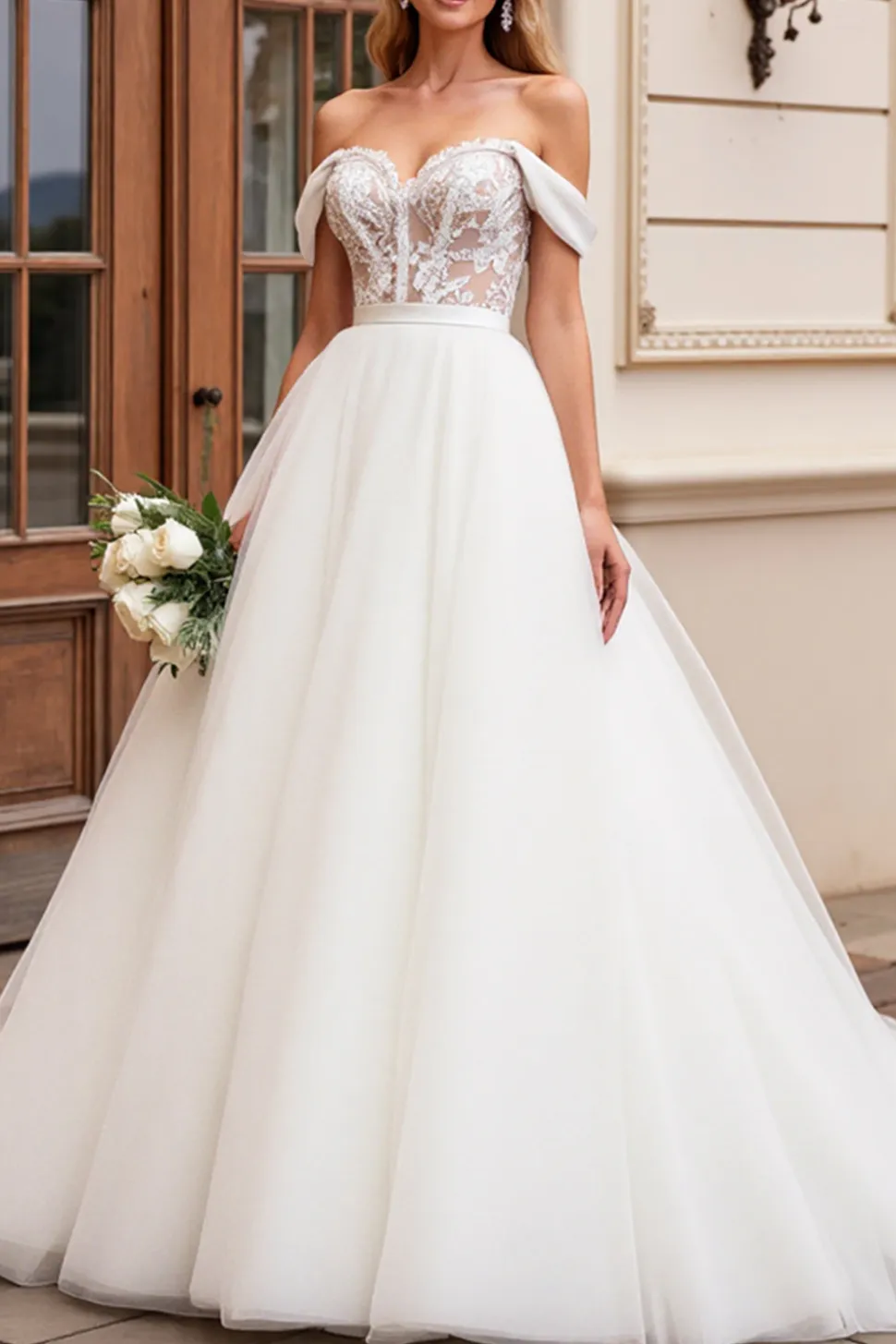 Vestido de Noiva Linha-A Longo Tule Fora do Ombro Renda Apliques Marfim