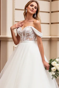 Vestido de Noiva Linha-A Longo Tule Fora do Ombro Renda Apliques Marfim