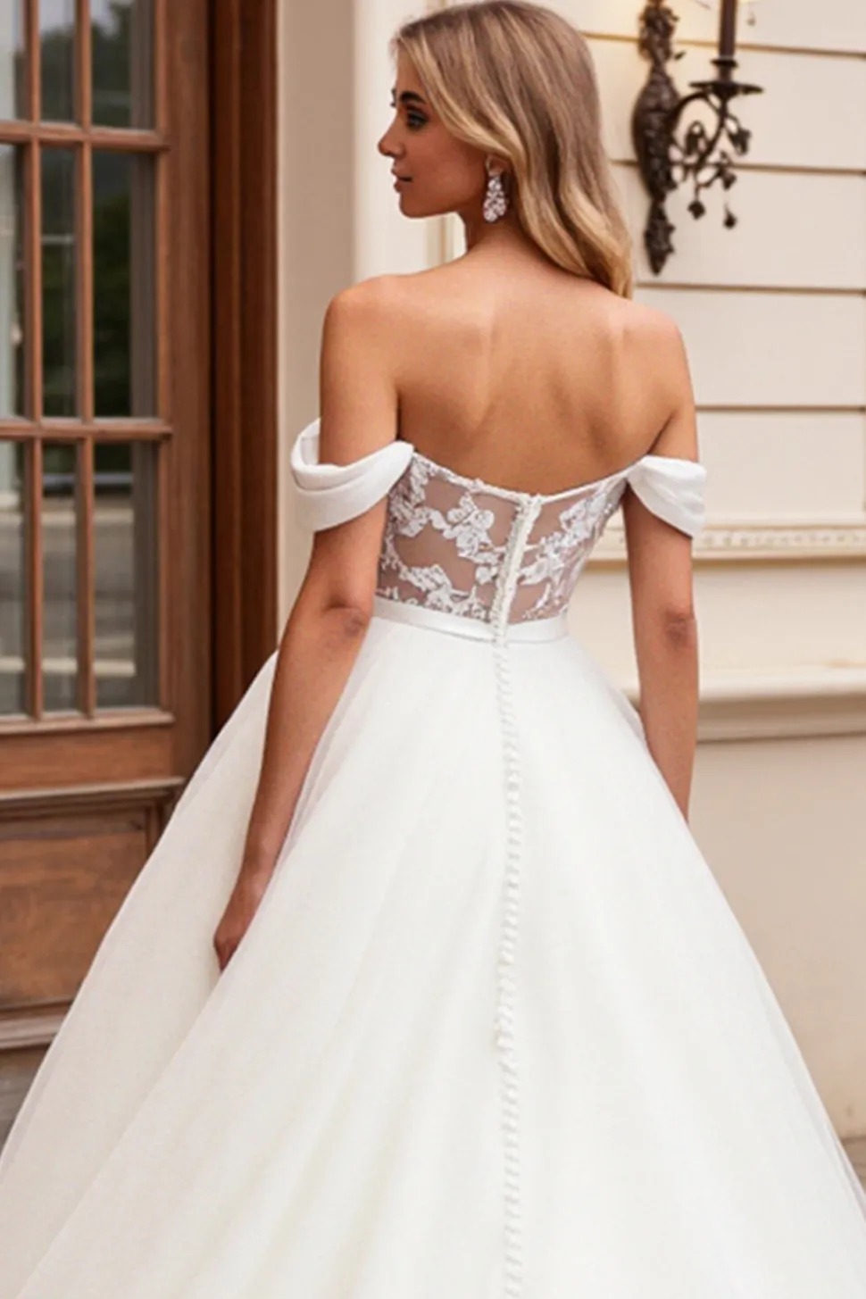 Vestido de Noiva Linha-A Longo Tule Fora do Ombro Renda Apliques Marfim