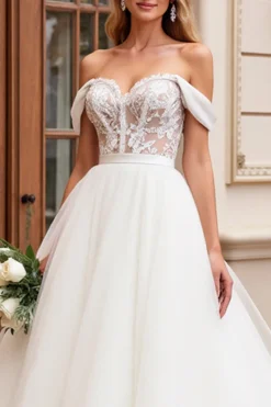 Vestido de Noiva Linha-A Longo Tule Fora do Ombro Renda Apliques Marfim