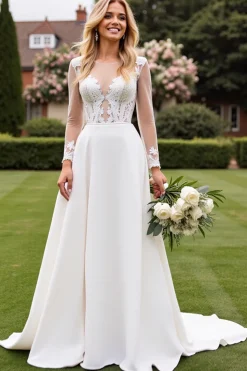 Vestido de Noiva Linha-A Marfim Renda Longo Appliqued
