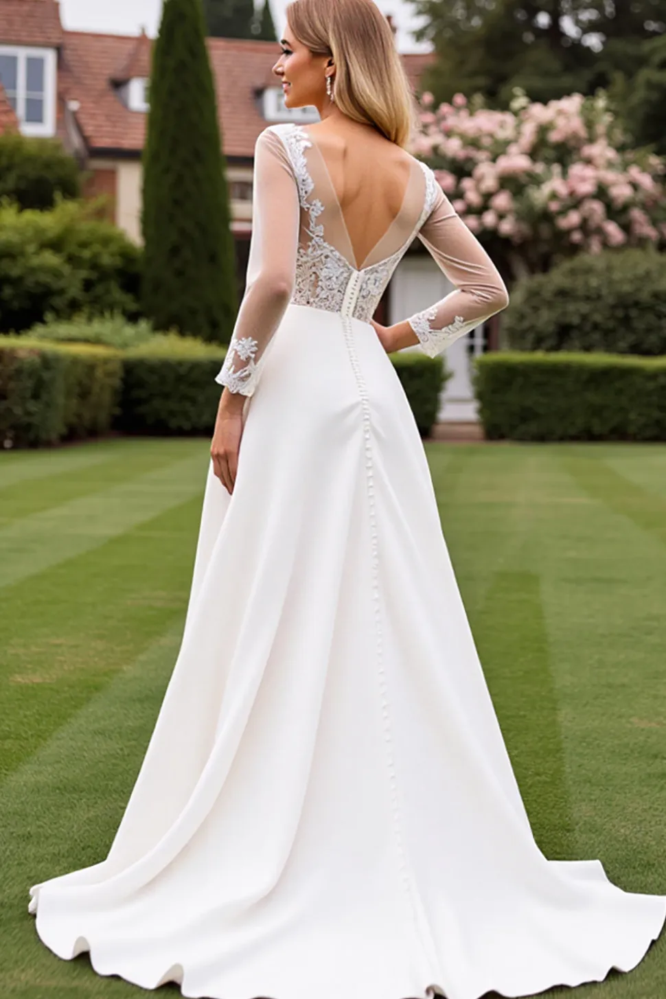 Vestido de Noiva Linha-A Marfim Renda Longo Appliqued