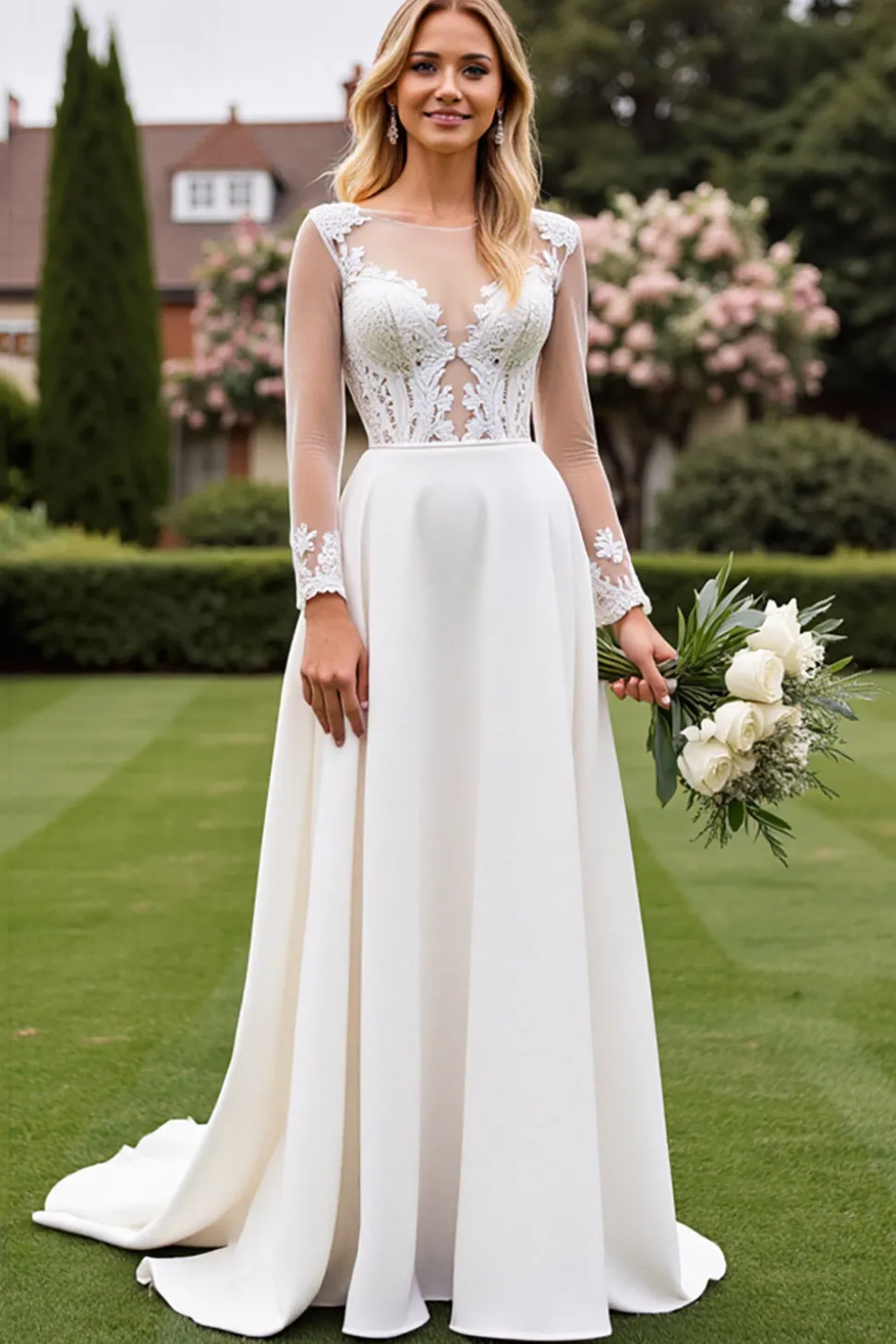 Vestido de Noiva Linha-A Marfim Renda Longo Appliqued