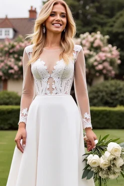 Vestido de Noiva Linha-A Marfim Renda Longo Appliqued