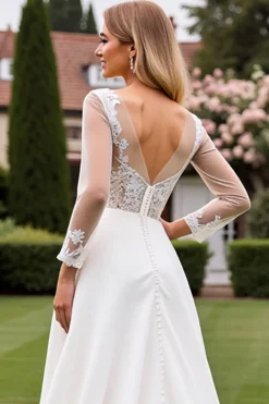 Vestido de Noiva Linha-A Marfim Renda Longo Appliqued