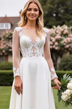 Vestido de Noiva Linha-A Marfim Renda Longo Appliqued