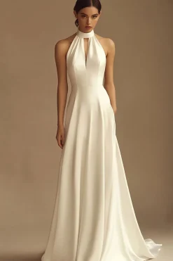 Vestido de Noiva Longo Branco Cabeçada Cetim Sem Encosto